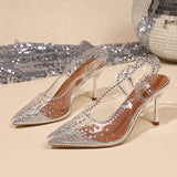 Elegant Ladies Shiny Rhinestone Crystal Shoes Spring Transparent Pvc Pointed Toe High Heels Shoes Woman Sling Back Pumps