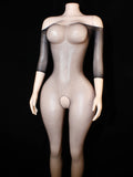Women Fishnet Bodysuit Off Shoulder One Piece Mesh Body Stocking, Stretchy Black Lingerie with 3/4 Sleeves for Evening Homewear