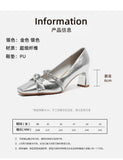 Women's High Heels Mary Janes Square Head Embellished with Water Diamonds Low Cut Knots Thick Heels Fashionable Party Shoes