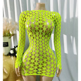 Women Sheer Mesh Long Sleeve Beach Cover Up, Sexy See-Through Fishnet Dress, Solid Bodycon  For Summer Beach Party