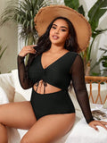 VigoJany 2026 Sexy Black Long Sleeve Plus Size Swimwear Women Hollow Push Up One Piece Swimsuit Patchwork Backless Bathing Suit