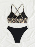 Sexy Leopard Print Cross Bikini Set 2026 Women Halter Push Up Black High Waist Swimsuit Summer Bathing Suit Two Piece Swimwear