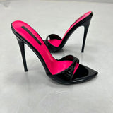 Patchwork Stiletto Heel Slippers Newest Pointed Open Toe One Strap Thin Heel Slip-on Sandals Sexy Big Size Dress Heels 12cm