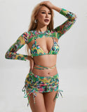 Long Sleeve Printed Halter Bikini Female Swimsuit Women Swimwear Four-pieces Bikini Set with Mesh Skirt Bathing Suit Beach Wear