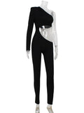 Ahagaga Sexy Club Women's Jumpsuits Single Sleeves Solid Skinny Hollow Out Long Pancil Pants Streetwear Causal Female Rompers