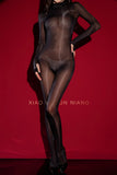 Shiny Smooth Bodysuits Nightclub Long Sleeves One-Piece Sexy Crotchless Thin Bodysuits Transparent Mesh Bodysuits Charming ZQVO