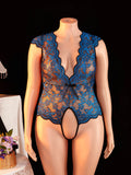 For Curvy Women Deep Vneck Translucent Lace Floral Teddy Bodysuit With Bow Tie Front Open Back Delicate Erotic Sexy Lingerie