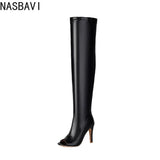 NASBAVI Super High Slim Heel Peep Toe Hollowed Boots Zipper Elastic Boots Leopard Print Flock Material Over The Knee Boots 35-48