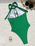 sexy front cross hollow swimsuit one piece solid halter tie bikinis thong swimwear bodysuits women biquini bathing suits 7 color
