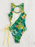 2026 Print Lace Up Back Swimsuit One Piece Solid Swimwear Women Bathing Swimming Suit Female Padded Summer Beachwear Bodysuit