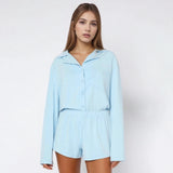 Women Fall 2 Piece Pajamas Set Solid Color Button up Long Sleeves Shirt and Elastic Shorts for Loungewear Soft Sleepwear