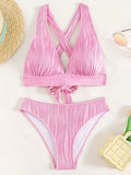 Wrinkled Crinkled Cross Back Bikini Women Swimwear Female Swimsuit Two-pieces Bikini Set High Cut Bathing Suit Swim Beach Wear