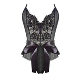 Sexy See Through Lingerie Woman Lace Transparent Underwear Bodysuits Deep V Neck Ruffle Hem Satin Bow Sheer Mesh Teddy Body Suit