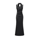 Pure Desire Style Collarbone-revealing Strapless Long Dress Feminine And Slim-fitting With Pleated Waist Tie Straps Bodycon LWIO