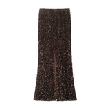 Women's Fashion Sequined Long Dress Womens Brown Sequin Mermaid Maxi Skirt High Waist Bodycon Flare Party Skirt Pure Desire N3OM