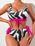 Sexy Black Zebra Print Bow Patchwork Bikini Set 2026 Women Push Up High Waist Swimsuit Beach Bathing Suit Two Piece Swimwear