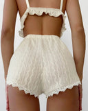 Lace Trim Ruffle Hem U-Neck Strap Cable Textured Cami & Casual Shorts Loungewear Summer Pajamas Set Women Sleepwear