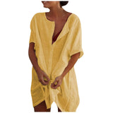 Cotton Linen Breathable And Comfortable Mid Length Oversized Button Down Half Sleeve O-neck Cardigan Casual Beach Suncreen Top