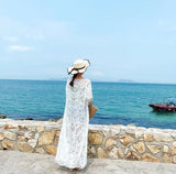 DEKA Women Beach Dress Solid White Lace Beachwear Sun Protection Clothes Knitted Swimsuits Beach Long Cover Up