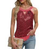 Women's Sequin Glitter Tank Tops Sleeveless Crew Neck Slim Fit Camisole For Holiday Backless Bow Tie Streetwear Party Club Vest