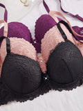 3Pcs Floral Lace Women's Underwear Set Daily Push-Up Bra Rhinestone Breathable Mesh Bra for Women