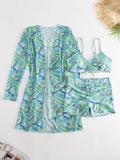 New Sexy 3 Pieces Suit for Women Neck Hanging Bikini Set+Cover-up Swimwear Sunproof Tankini High Waist Shorts Swimsuit Beachwear
