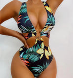 4 Colors New Sexy One Piece Swimsuit Swimwear Women Deep V-neck Hollow High Waist One-piece Bathing Suit Beachwear Metal Hoop