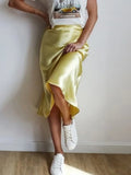 Women's Summer High Waist Skirt Solid Color Long Satin Skirt for Travel, Beach, Shopping