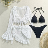 DEKA 4Pcs/Set Mesh Sheath Bikini Set Female Mini Camis Briefs Short Skirt Swimwear Fashion Drawstring Long Sleeve Boho Swimsuit