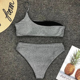 Sexy Shiny Sparkling One Shoulder Bikini Female Swimsuit Women Swimwear Two-pieces Bikini Set High Waist Bathing Suit Swim Lady