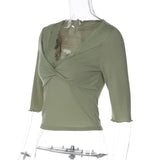 FDYOUI Women's T-shirt Tops Casual Fashion Lace Patchwork Green T Shirts Female Clothing V-neck Ruched Slim Crop Top Streetwear