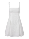 2026 Summer Women's Floral Eyelet White Cami Dress Sleeveless Square Neck A-line Dress Beach Bohemian Retro Sundress