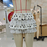 Women Dot Print Mini Shorts Patchwork Lace Layered Ruffle Drawstring Shorts Stylish Summer Bloomers