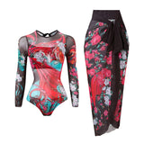 S - XXL Printed Long Sleeve With Sarong One Piece Swimsuit Women Swimwear Female Flowers Padded Bather Bathing Suit Swim K7181