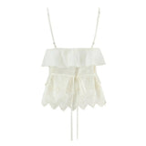 Women's Ruffled Lace Trim Loose Pants For Woman White Ruffled Embroidery Camisole Straps Button Front For Sweet Summer Look WM6E