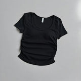Big round Neck Yoga T-Shirt Short-Sleeved Slimming Sports Top with Fixed Chest Cushion for Running Pilates Summer Stretch
