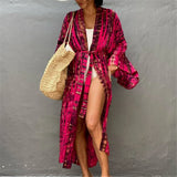 New 10 Colors Printed Long Sleeve With Belt Tunic Beach Cover Up Cover-ups Beach Dress Beach Wear Beachwear Female Women V4521