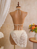 Sexy Mesh Cover Up 3 Piece Bikini Set 2026 Women White Metal Circle Push Up Bra Thong Swimwear Holiday Bathing Suit Swimsuit