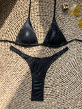 Sexy Metallic Black Snakeskin Micro Bikinis Sets Two Pieces Bathing Suit Women Sexy Thong Bikini Reflective Shiny Swimsuits