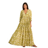 Women Bohemian Holiday Beach Long Dress 3/4 Sleeve V Neck Floral Print Loose Summer Casual Swing Dresses