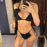 S - XL Sexy 3D Flowers Halter Strappy Bikini Women Swimwear Female Swimsuit Two-Pieces Bikini Set Bather Bathing Suit Swim V5297