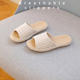 Breathable Linen Slippers For Women Men Summer House Shoes Striped Design Soft Sole Anti-Slip Couples Home Floor Cotton Slides