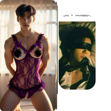 Erotic underwear for men, sexy purple pajamas, lace jumpsuit, open and easy to take off