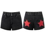 Summer Women Denim Shorts with Stars Patch Pockets Riveted Waisted Slim Fit Jeans Shorts Daily Casual Hot Short Pants Streetwear