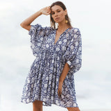 Foridol Lantern Half Sleeve Cyan Bohemian Beach Midi Loose Dress Summer for Women Tie Up Casual Floral Holiday Midi Vestidos