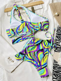 Sexy One Piece Swimsuit Swimwear Women Print Hollow Drawstring Single Shoulder Bathing Suit Beachwear Trajes De Bano Mujer 2026