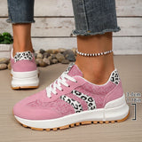 Fashion Leopard Print Pink Sneakers Women 2026 Spring Non Slip Platform Sneakers Woman Comfortable Lace Up Sport Shoes Plus Size