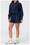 Summer Sun Protection Yoga Suit Women Contrasting Colors Long Sleeve Hoodies Top High Waist Shorts Running Fitness Athletic Wear