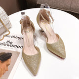 ZOKI Bling Gold Silver Women's Pumps 2024 Sexy Point Toe Thin Heel Party Wedding Shoes Woman Summer Ankle Strap High Heels Shoes