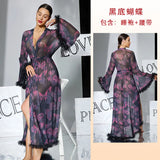 2026 New Women Elegant Butterfly Print Mesh Robe Big Flare Sleeve Lace Up Tassel Fringe High Slit Bathrobe Loungewear